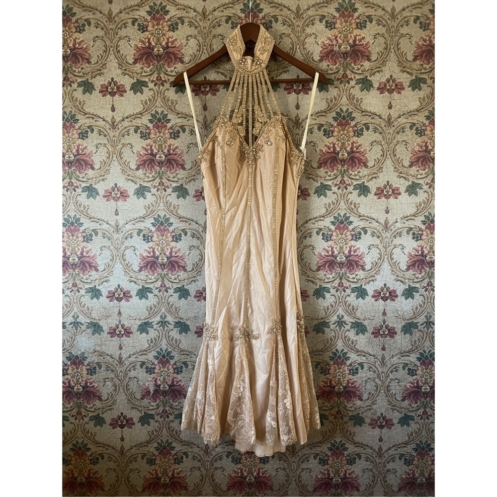 Sousourada Designs by Penny Beaded Halter Gown Champagne Gold Y2K Fairycore